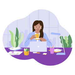 A woman works in an office on a laptop. Woman working on laptop at home. Vector illustration in flat style