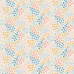 Seamless ditsy pattern of colouful abstract flowers on a cream background.
