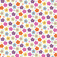 Seamless pattern of brightly coloured abstract retro style flowers on a cream background.
