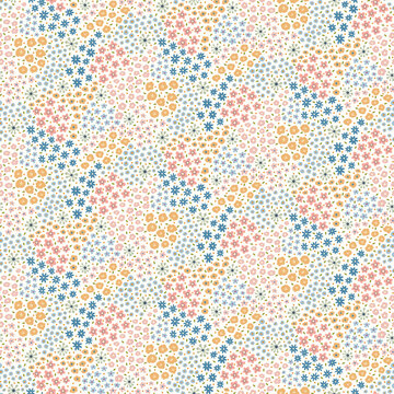 Seamless ditsy pattern of colouful abstract flowers on a cream background.
