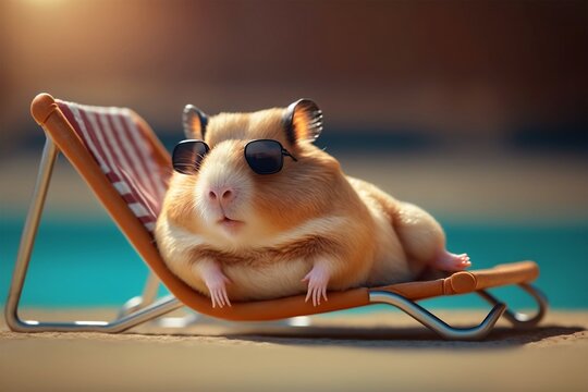 Young hamster relaxing on his sun lounger near a beach. Generative ai