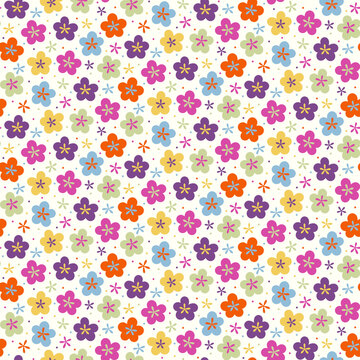 Seamless pattern of brightly coloured abstract retro style flowers on a cream background.
