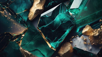 Fototapeta Raw gemstones malachite and emerald in gold. Jewelry background. Photorealistic drawing generated by AI. obraz