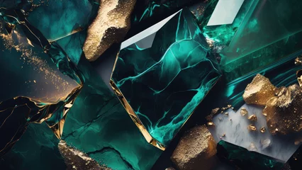 Poster Raw gemstones malachite and emerald in gold. Jewelry background. Photorealistic drawing generative AI. © July P