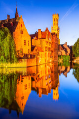 Bruges, Belgium. Rozenhoedkaai, picturesque canal lined with historic buildings in Brugge, West Flanders.