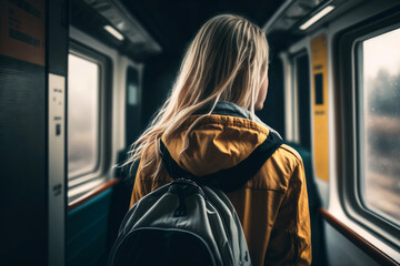 Fototapeta Junge Frau fährt mit dem Zug - Generative AI obraz