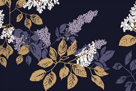 a simple floral drawing. vintage inspired silhouettes of flowering lilacs. Elegant floral springtime seamless botanical pattern. Embroidery, printing, and surface design featuring natural motifs