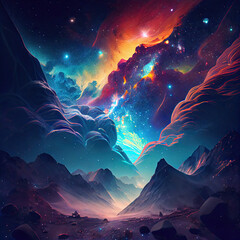 Journey Through the Cosmic Landscape: A Colorful Exploration of the Milky Way, Galactic Clusters, and Star Clouds in the Vastness of Space. Clue: galactic, universe, texture