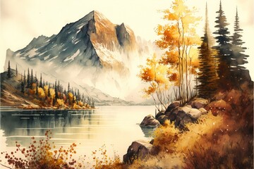 Painting of mountains, forests and a lake, generative ai