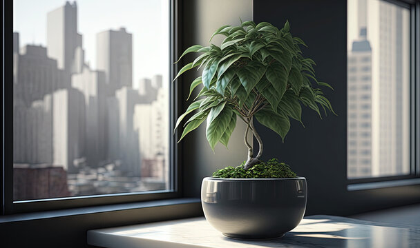  a potted plant sitting on a window sill in front of a window.  generative ai