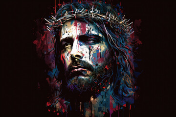 Abstract portrait of Jesus Christ wearing a crown of thorns., generative AI
