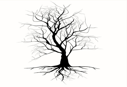 illustration with bare trees silhouette isolated on white background, Black Branch Tree or Naked trees silhouettes set. Hand drawn Trees and branches isolated vector