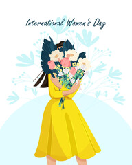 Young woman is holding a beautiful bouquet of flowers. International Women s Day. Vector illustration.