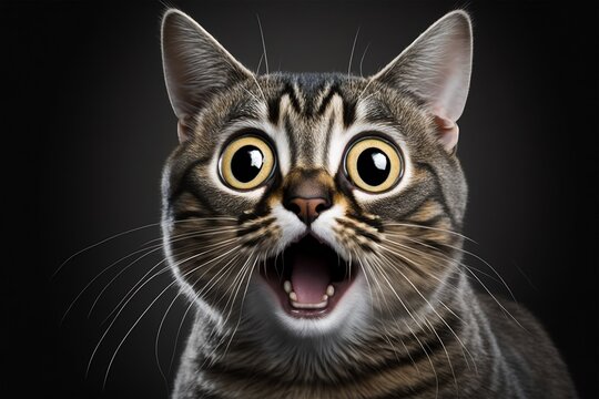 Portrait of surprised cat with open mouth and huge eyes. Generative ai
