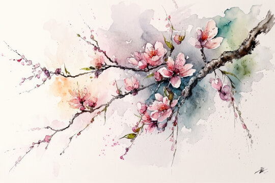 Blooming branch of pink cherry flowers, generative AI