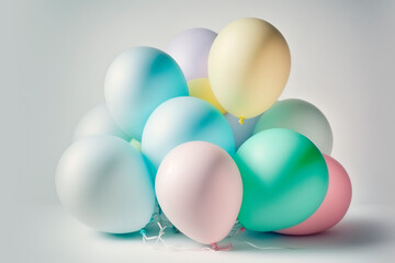Colorful helium balloons pastel colors background. Birthday celebration and baby shower decor. Minimal creative idea for party event decor. Generative ai