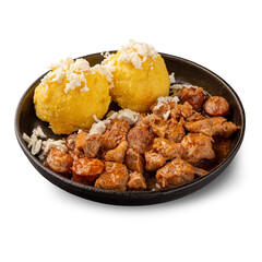 Chunks of fried pork and sausages gravy