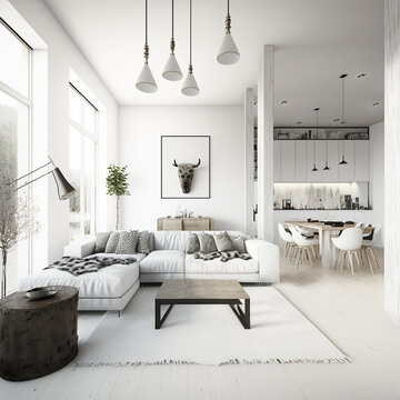 Cozy open plan apartment with white sofa and rug in living room and white furnished kitchen with dining table. Generative AI.