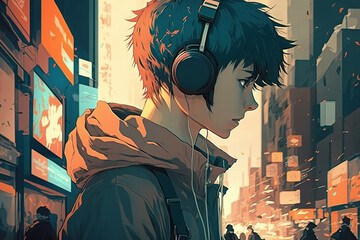 Fototapeta premium Anime guy with headphones on city street.