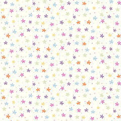 Seamless pattern of brightly coloured small abstract retro style flowers on a cream background.
