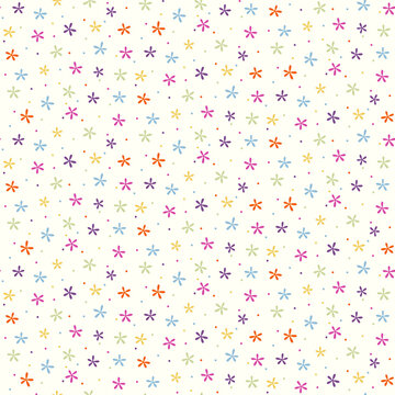 Seamless pattern of brightly coloured small abstract retro style flowers on a cream background.
