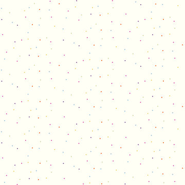 Seamless pattern of brightly coloured tiny polka dots scattered over a cream background.
