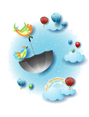 Landscape with flying umbrella and birds, ballons, fairy tale. Vector illustration eps10
