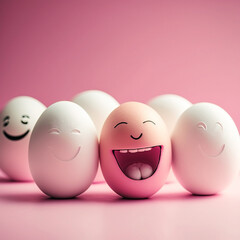 White Easter eggs with a happy face, smile and eyes, on a pink background. Generative AI, generative artificial intelligence