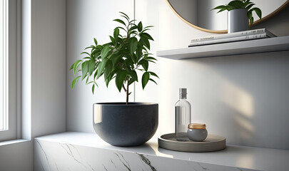  a potted plant sitting on top of a counter next to a mirror.  generative ai