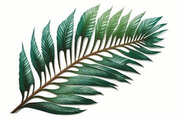 Illustration of a tropical palm leaf on a white background, with a clipping path. Generative AI