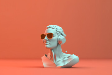 Minimal scene of sunglasses and headphone on human head sculpture, Music concept, 3d rendering.