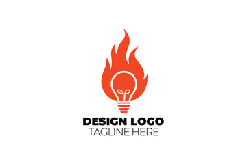 Logo design with a light bulb and fire on a white background