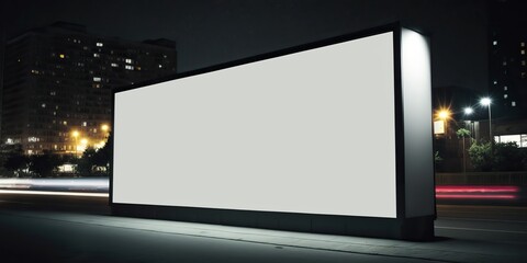 Big horizontal neon box mockup advertisement on the night atmosphere, Generative AI