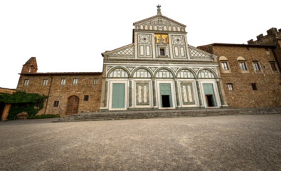 Florence. Facade of the famous Basilica of San Miniato al Monte in Florentine Romanesque style (1013 - XII century). Isolated on white or transparent background. Tuscany, Italy, Europe. Png.