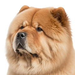 Ravishing chow chow dog portrait with brown lion hair-alike on white background.