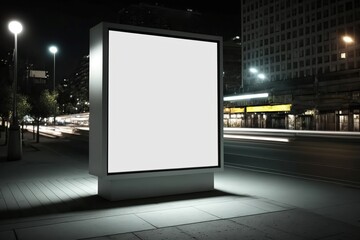 blank advertising neon box mockup in the view of the city night, Generative AI