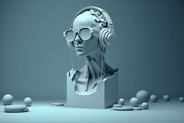 Minimal scene of sunglasses and headphone on human head sculpture, Music concept, 3d rendering.
