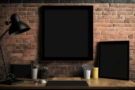 Blank Black Two Poster Frame Mockup On The Brick Wall, Retro Desk Decoration Concept, Generative AI