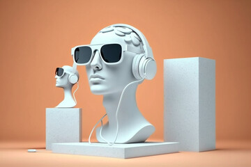 Minimal scene of sunglasses and headphone on human head sculpture, Music concept, 3d rendering.
