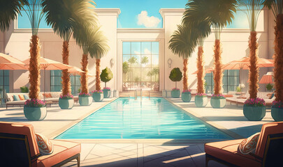 Fototapeta premium a large swimming pool surrounded by palm trees and lawn chairs. generative ai