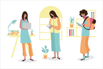 Girl reading a open book in her hands. Concept illustration of learning