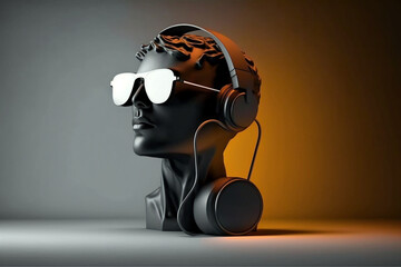 Minimal scene of sunglasses and headphone on human head sculpture, Music concept, 3d rendering.
