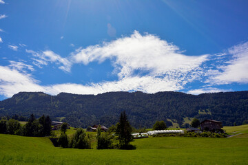 Near the mountain is a large estate with houses and greenhouses against the background of a bright sky