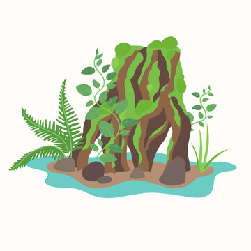 Composition of living plants. An illustration with several plants and additional elements. Vector image.