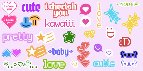 Set of Colorful Love Y2K Stickers Vector Design. Trendy Pop Art Patches.