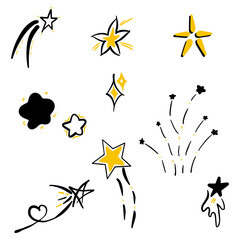 Collection of sixteen handdrawn pen and ink stars in various shapes and designs, some with a yellow highlight, on white