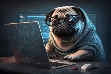 Nerdy looking grandma pug surfing the internet, hacker at work. Generative ai