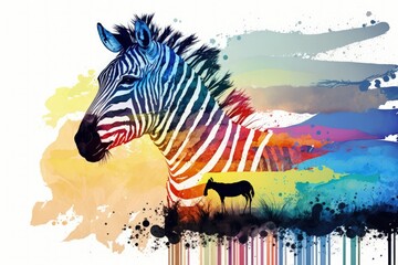 Watercolor painting of a zebra, with a rainbow background; exotic animals; African landscape; art for clothing; trendy animal print. Generative AI