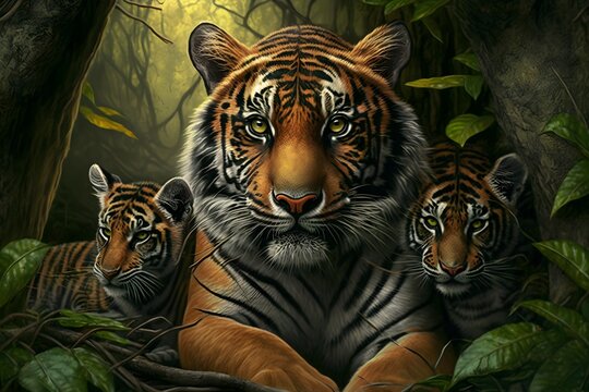Wallpaper Illustration and background of tiger mother and her cub together, in a natural habitat, realistic digital illustration. Front view. Concept of Mother's day, wild world. Generative AI.