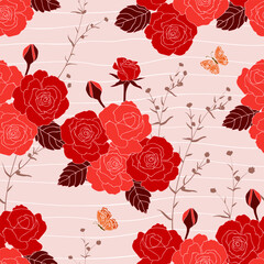 Blooming rose garden seamless pattern on red tone,design for fashion,fabric,textile,print or wallpaper